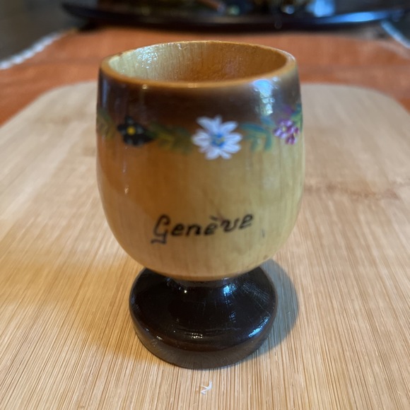 Other - Vintage Swiss Hand Painted Floral Wooden Egg Cup Geneve